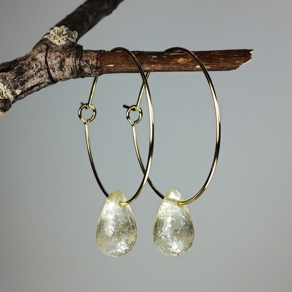 Handmade Jewelry - HAND CRAFTED Elegant Gold Hoop Earrings with Artisan Glass Drops